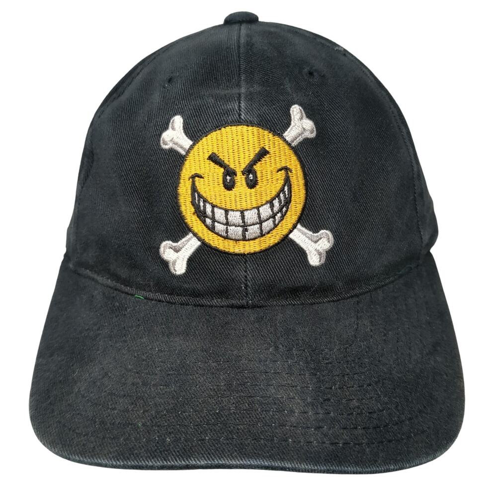 Smiley Snapback Cap Black One Size Adjustable Embroidered Vented Holes Addiction